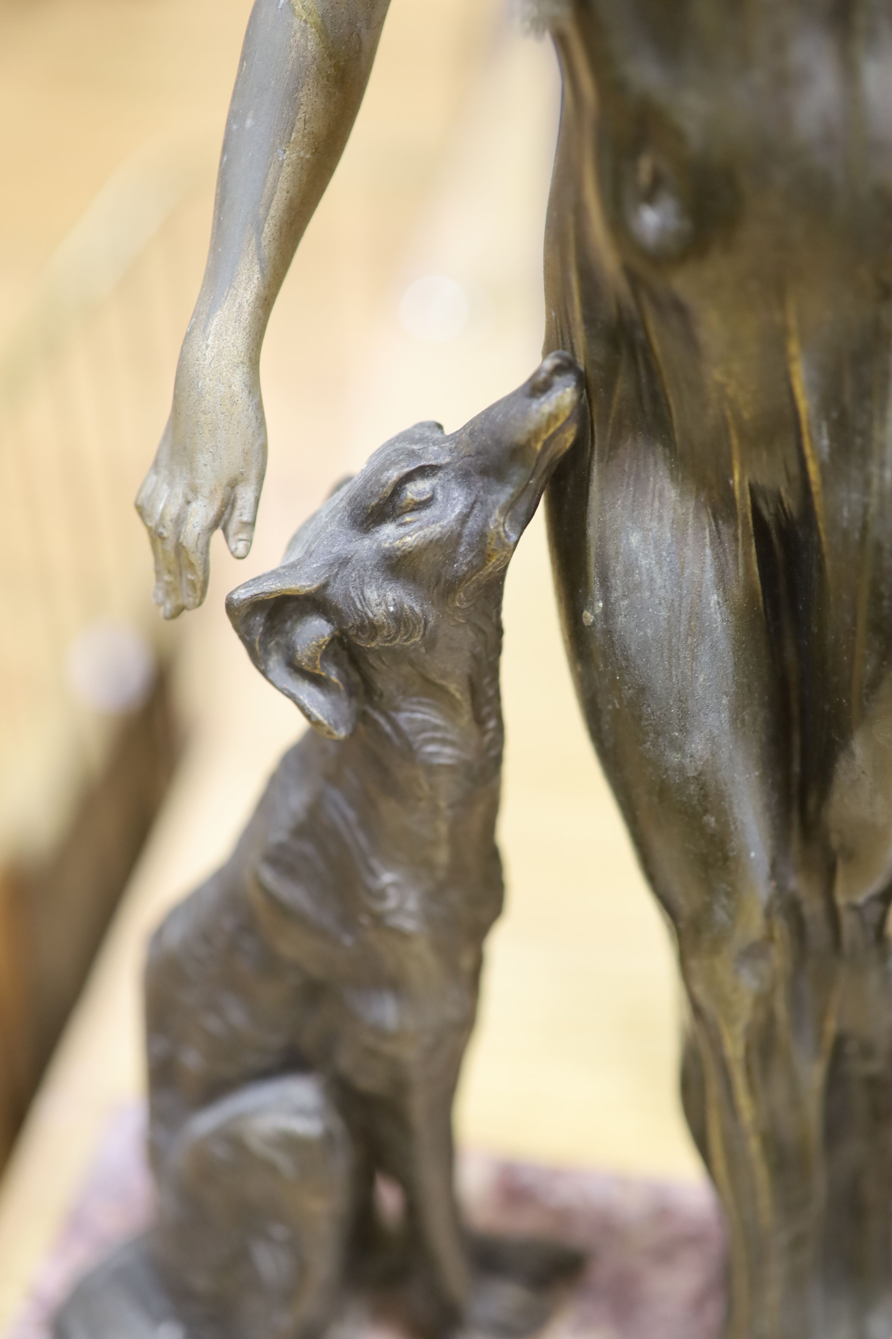 A Spelter Art Deco figure of a dog and borzoi, on a marble base, height 45cm